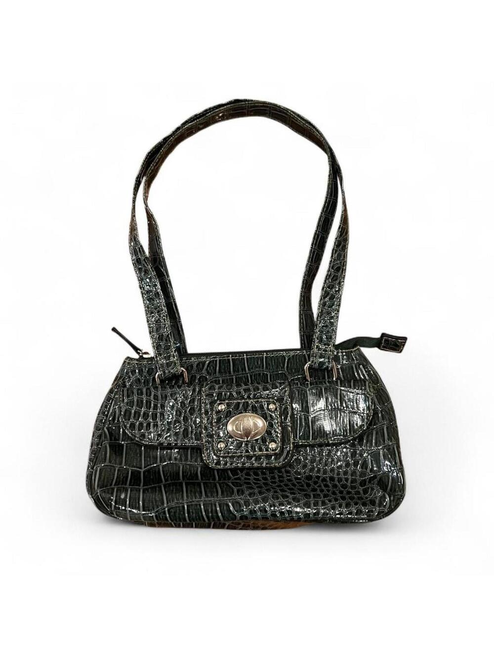 Y2K Dark Green Croc Embossed Shoulder Bag Mini Baguette